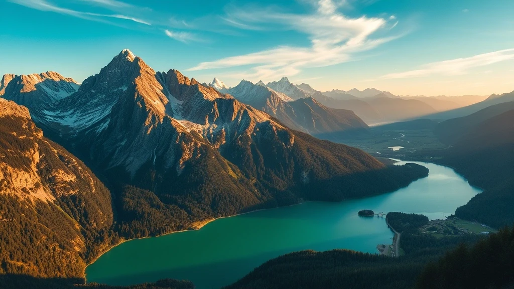 Luftaufnahme der Watzmann-Berge und des Königssees in Berchtesgaden zur goldenen Stunde