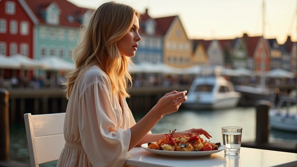 Elegante Frau geniesst Meeresfruechte in Bryggen, Bergen mit historischen Holzhaeusern