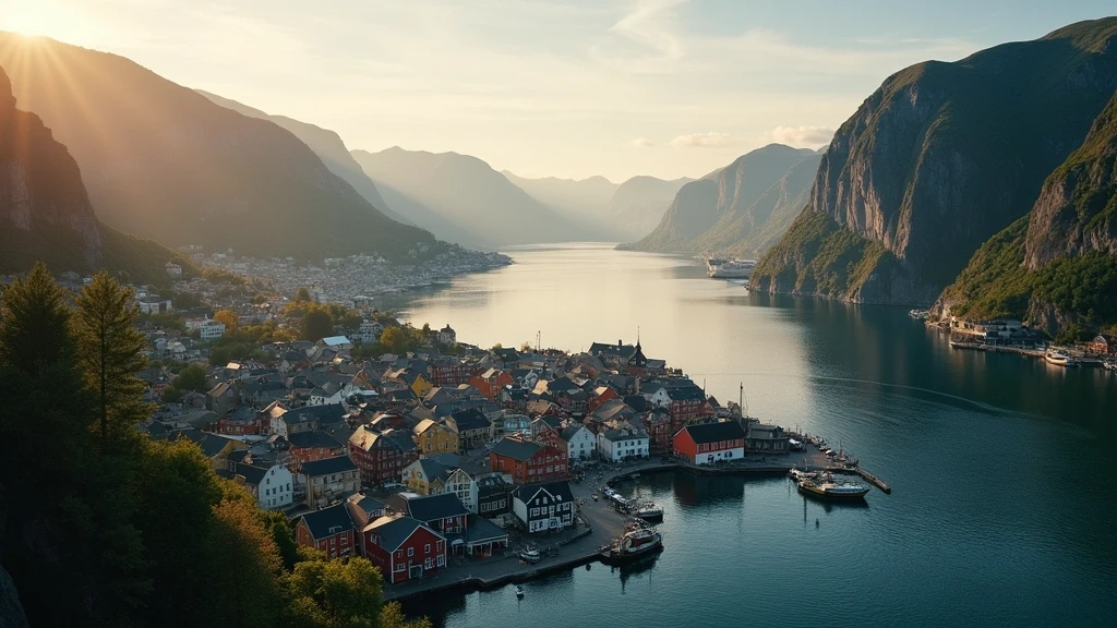 Luftaufnahme von Bergen, Norwegen mit den Sieben Bergen und historischen Bryggen-Haeusern zur goldenen Stunde