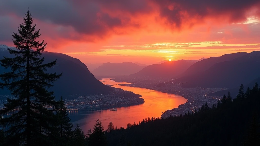 Sonnenuntergang ueber Fløyen-Berg in Bergen mit Panoramablick auf die Stadt und Fjord