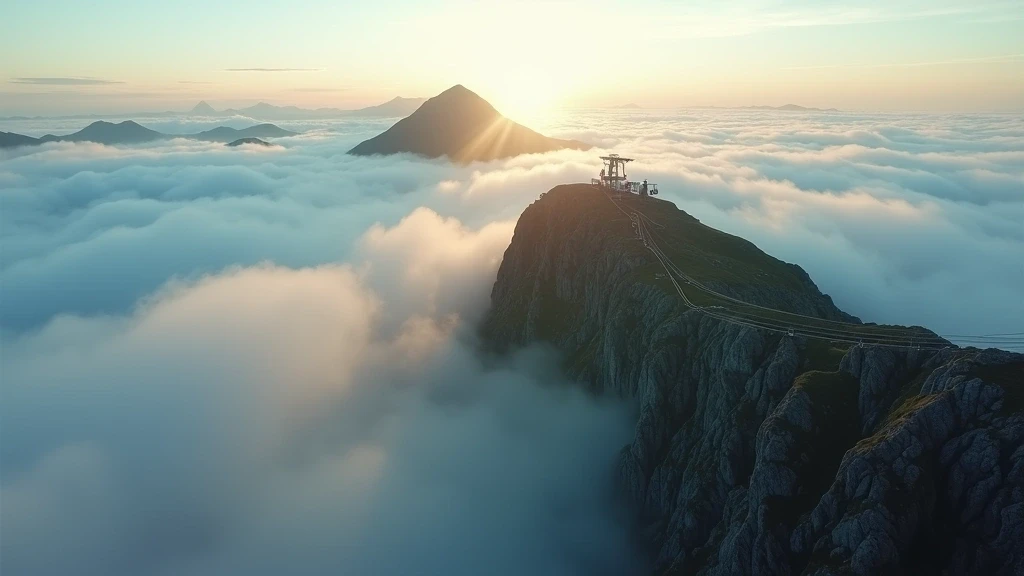 Ulriken-Bergspitze in Bergen durch Wolken mit dramatischem Morgenlicht und Seilbahn