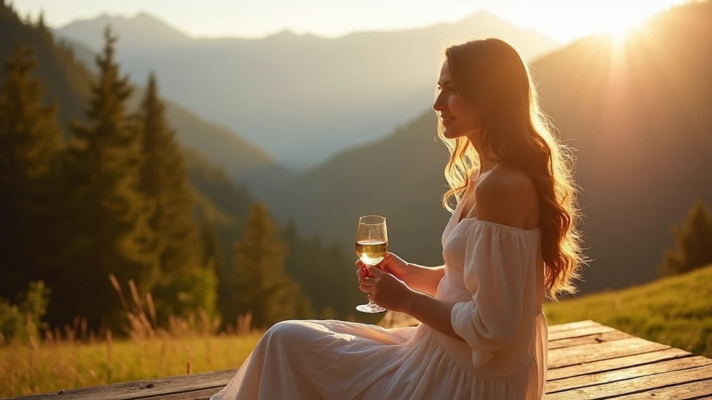 Elegante Frau geniesst regionalen Kaese und Wein auf der Terrasse der Bergkristall Refuge
