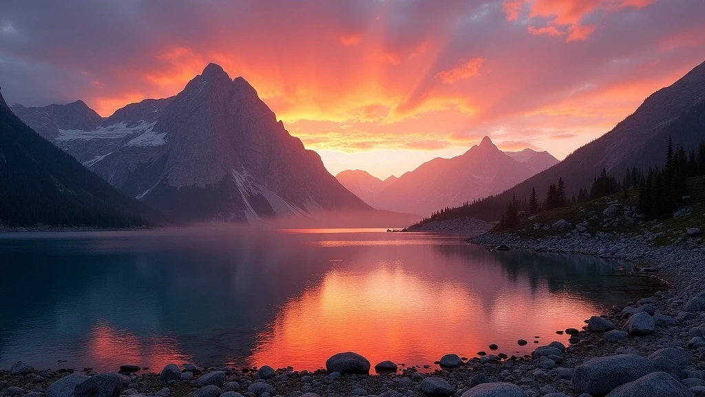 Sonnenuntergang ueber den Bergen der Bergkristall Refuge mit Spiegelung im Alpensee