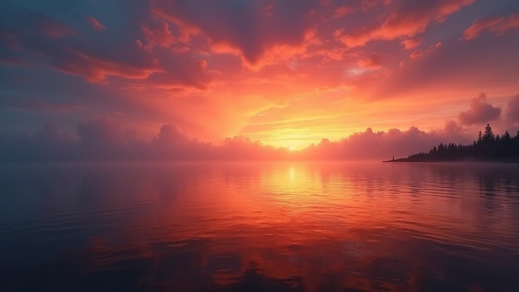 Dramatischer Sonnenuntergang über der Beringstraße mit farbenfrohem Himmel und ruhigem Wasser
