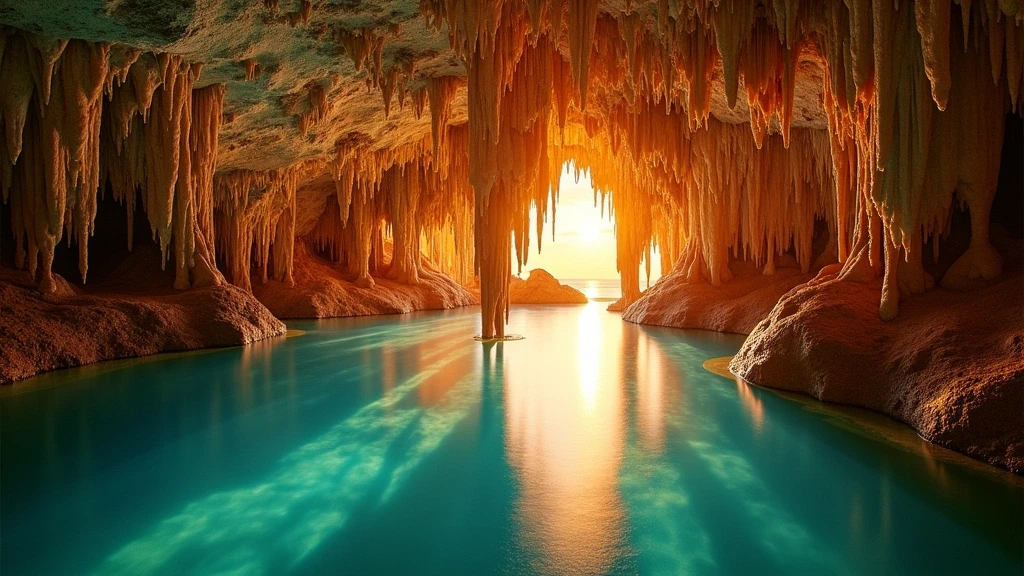 Sonnenuntergang in den Crystal Caves mit unterirdischen Seen und Tropfsteinen in Bermuda