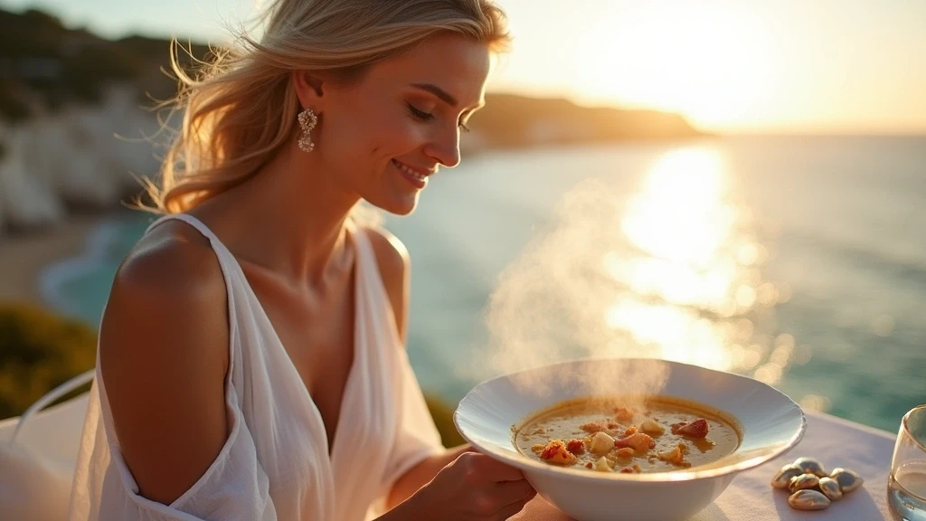 Elegante Frau geniesst Bermuda-Fischsuppe in Restaurant mit Klippenblick in Bermuda
