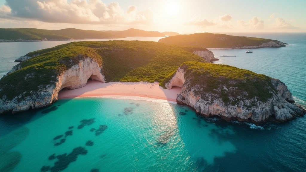 Luftaufnahme von Horseshoe Bay mit rosa Sandstrand und tuerkisfarbenen Buchten in Bermuda zur goldenen Stunde