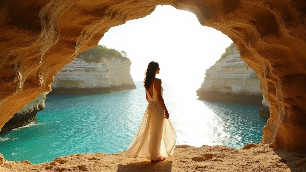 Elegante Frau in weissem Kleid an den Bermuda Triangle Höhlen während der goldenen Stunde