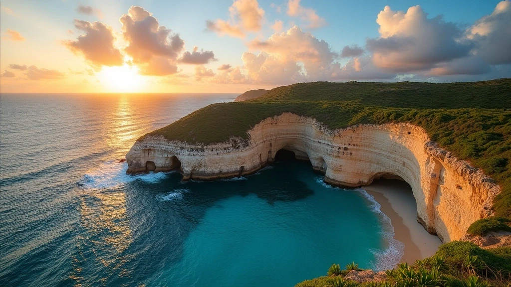 Panoramablick auf die verbundenen Seehöhlen und Naturbögen der Bermuda Triangle Höhlen