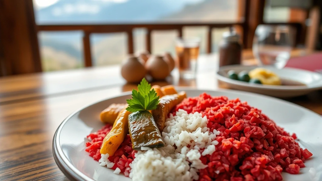 Bhutanesisches Essen Ema Datshi und rotem Reis auf handgemachtem Geschirr