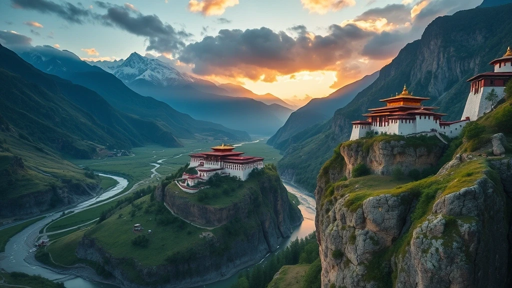 Luftaufnahme der Himalaya-Berge und alten Dzongs in Bhutan zur goldenen Stunde