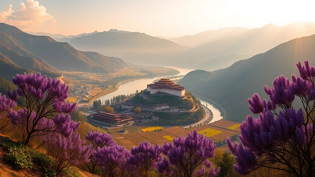 Panoramablick auf Punakha Dzong und Flusstal in Bhutan zur goldenen Stunde