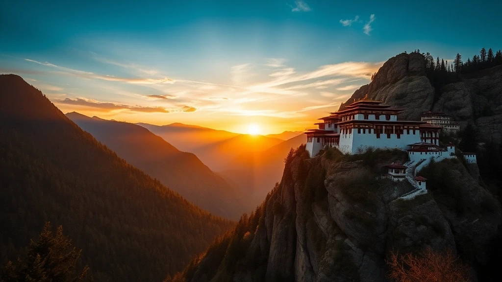 Sonnenuntergang am Tigernest-Kloster in Bhutan, dramatische Berglandschaft