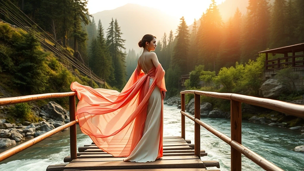 Elegante Frau in traditioneller Kira auf Holzbruecke in Bhutan, Flusslandschaft