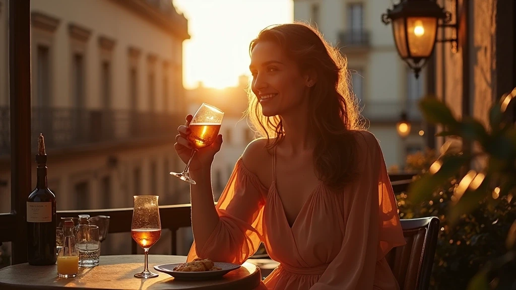 Elegante Frau geniesst Pintxos in der Altstadt von Bilbao zur goldenen Stunde, Spanien