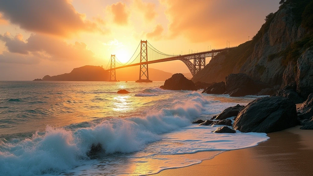 Goldene Stunde an der Kueste von Getxo mit Puente Colgante in Bilbao, Spanien