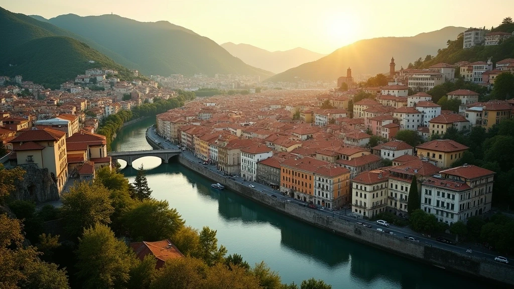 Luftaufnahme von Bilbao mit Guggenheim Museum und Altstadt zur goldenen Stunde in Spanien