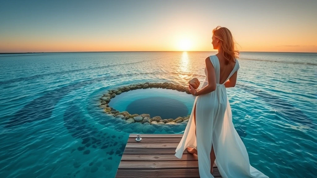 Elegante Frau in weissem Leinenkleid auf einem Steg mit Blick auf die Blue Holes der Bahamas zur goldenen Stunde