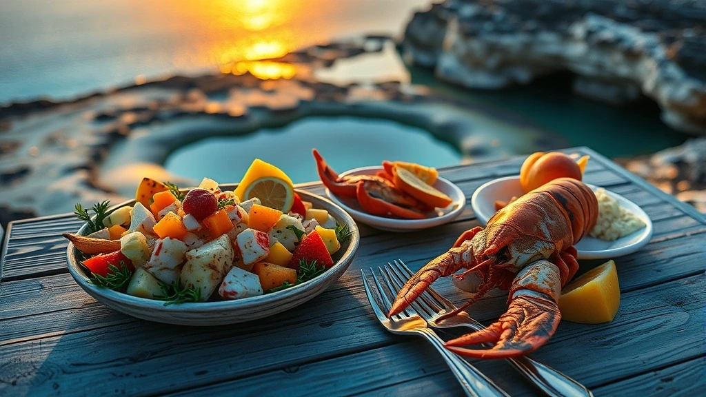 Traditionelle bahamaische Meeresfruechteplatte mit frischem Conch-Salat und Blick auf die Blue Holes der Bahamas