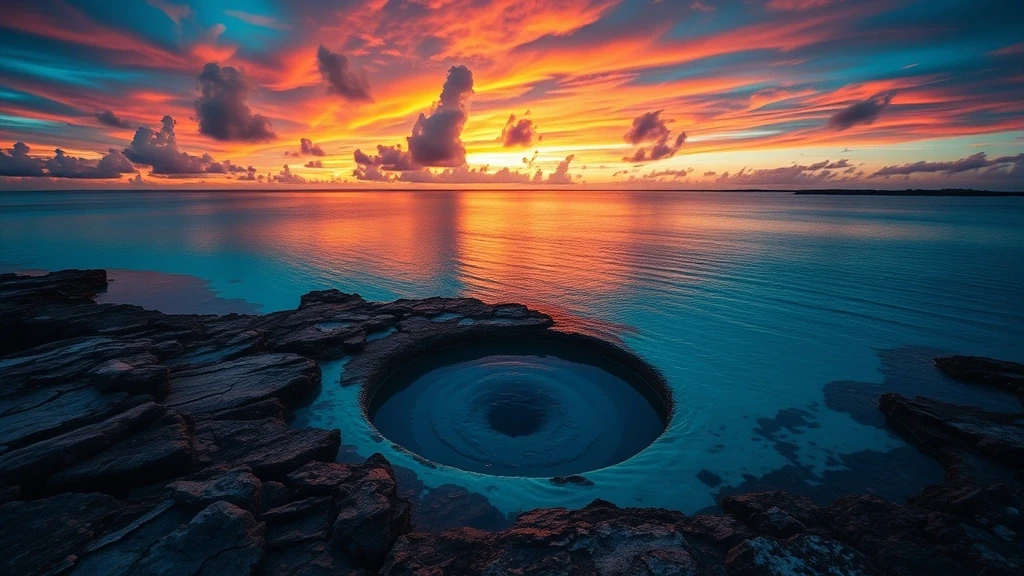 Sonnenuntergang ueber den Blue Holes der Bahamas mit spiegelnden tuerkisfarbenen Gewaessern und dramatischem Himmel