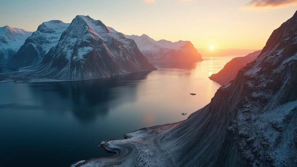 Luftaufnahme der Lofoten-Berge und Fjorde in Bodø zur goldenen Stunde