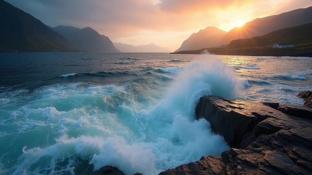 Panorama des Saltstraumen-Mahlstroms in Bodø zur goldenen Stunde