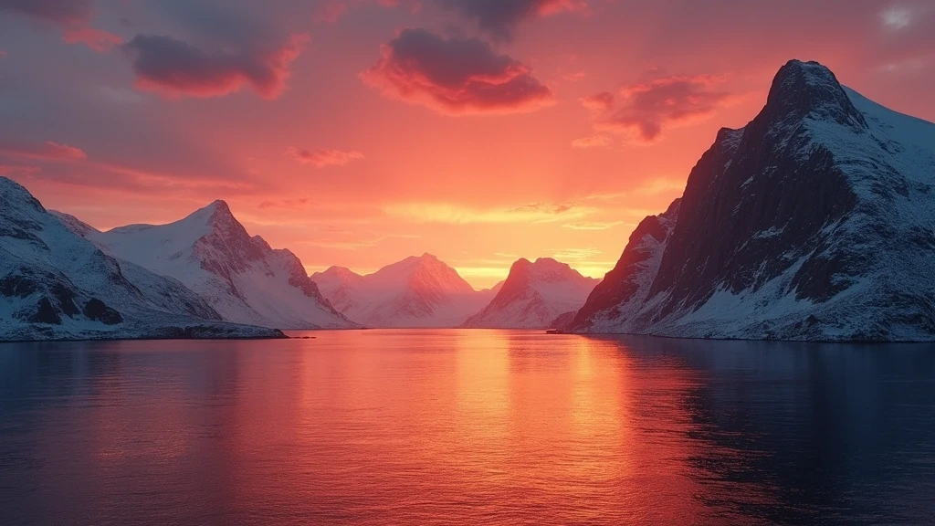 Sonnenuntergang über dem Norwegischen Meer mit Lofoten-Silhouetten in Bodø