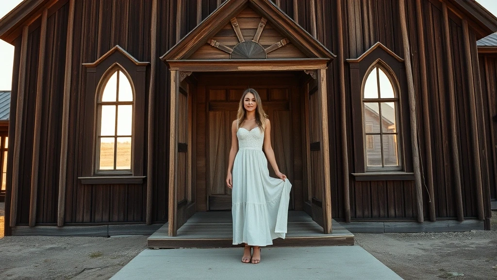 Elegante Frau in fliessendem Kleid vor einer Holzkirche in Bodie zur goldenen Stunde