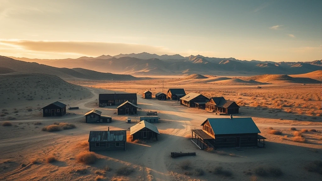 Luftaufnahme der Geisterstadt Bodie in der Wueste zur goldenen Stunde mit Sierra Nevada im Hintergrund