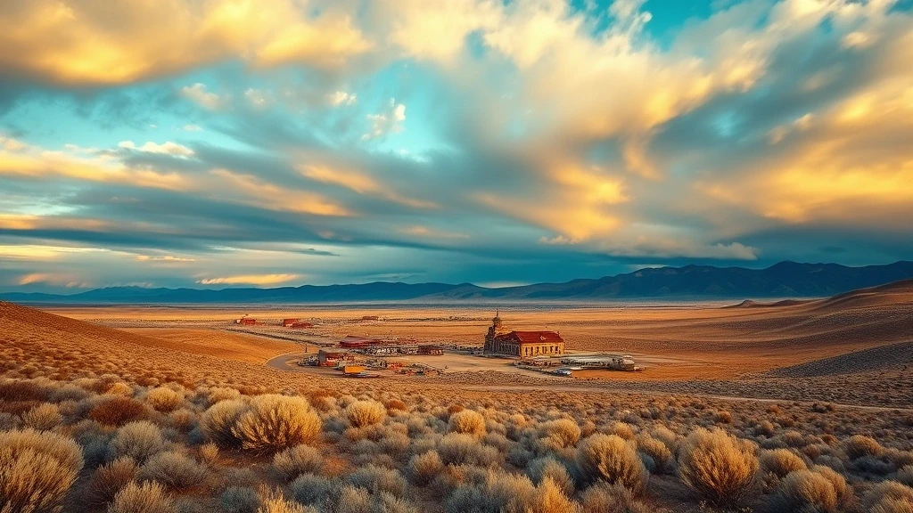 Panoramablick auf die Wuestenlandschaft um Bodie mit Bergen und dramatischen Wolken