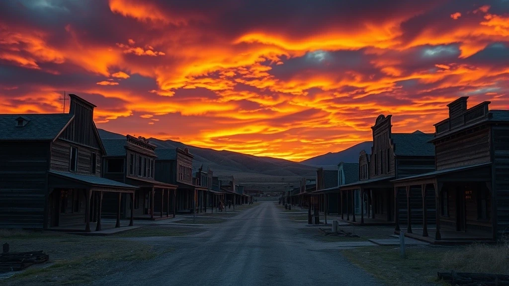 Sonnenuntergang ueber der Geisterstadt Bodie mit dramatischem Himmel und goldenem Licht