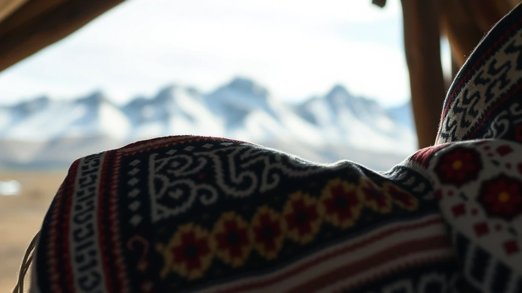 Detailaufnahme traditioneller mongolischer Deel-Stickerei im Bogd-Khan-Gebirge