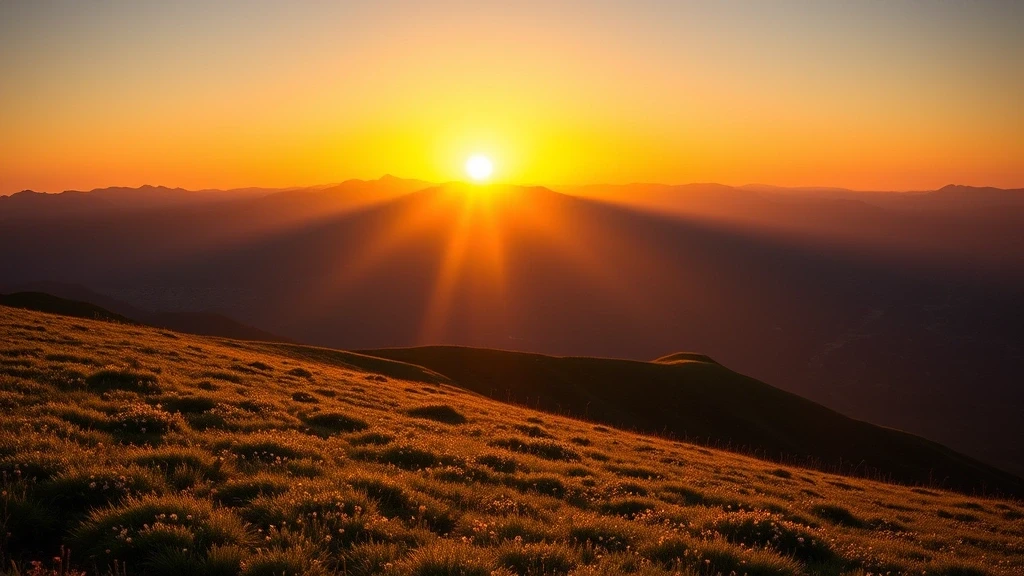 Sonnenuntergang hinter den Bergkämmen des Bogd-Khan-Gebirges in der Mongolei zur goldenen Stunde
