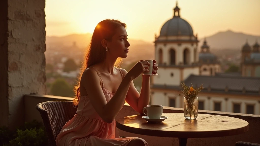 Elegante Frau geniesst Kaffee auf Dachterrasse in La Candelaria, Bogotá