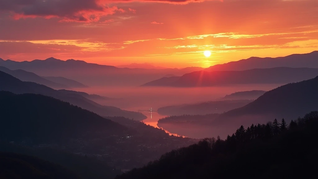 Sonnenuntergang ueber den Apenninen bei Bologna mit Nebel im Po-Tal