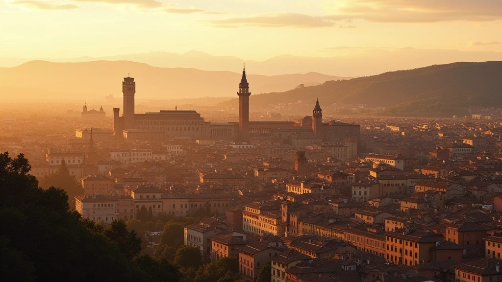 Luftaufnahme der historischen Dachlandschaft von Bologna mit Apenninen-Huegeln zur goldenen Stunde