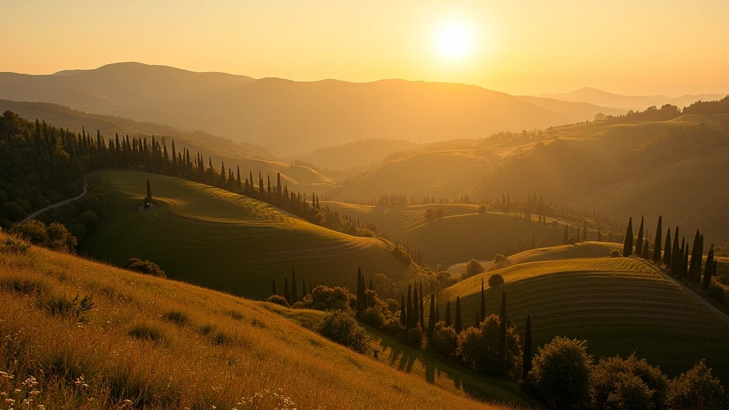 Goldene Stunde in der Bologneser Landschaft mit Zypressen und Weinbergen