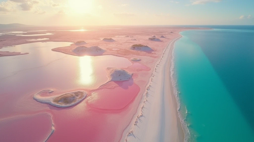 Luftaufnahme der rosa Salzfelder und Flamingokolonien auf Bonaire zur goldenen Stunde