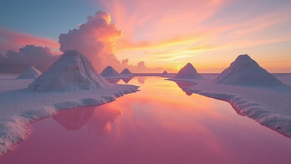 Sonnenuntergang ueber den Salzpyramiden von Bonaire mit rosa Verdunstungsteichen
