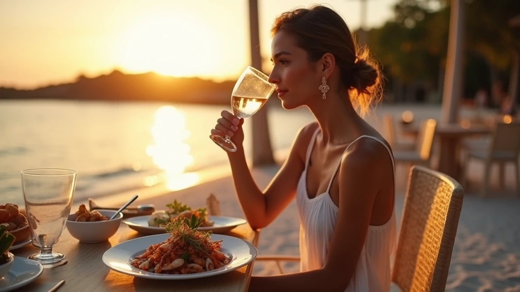 Elegante Frau geniesst Meeresfruechte-Platte am Strandrestaurant auf Bonaire bei Sonnenuntergang