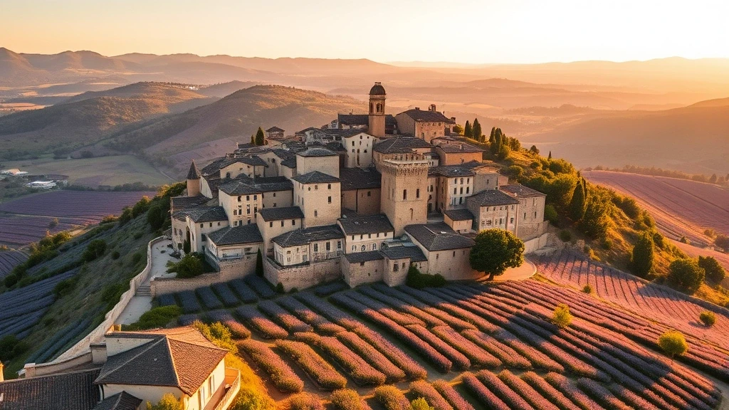 Luftaufnahme des Hügeldorfes Bonnieux im Luberon zur goldenen Stunde mit Lavendelfeldern