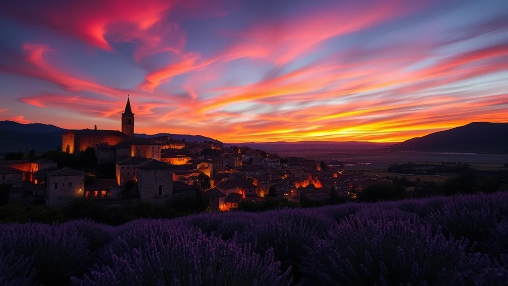Panoramablick auf Bonnieux bei Sonnenuntergang mit Lavendelfeldern im Vordergrund