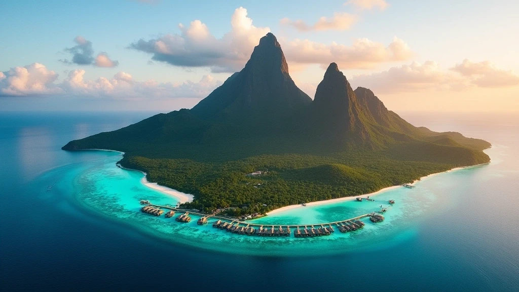 Luftaufnahme des ikonischen Mount Otemanu und der Lagune von Bora Bora zur goldenen Stunde