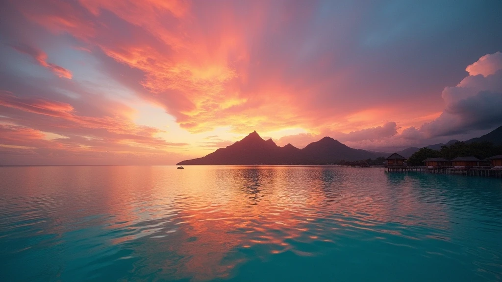 Dramatischer Sonnenuntergang ueber der Lagune von Bora Bora mit Mount Otemanu Silhouette