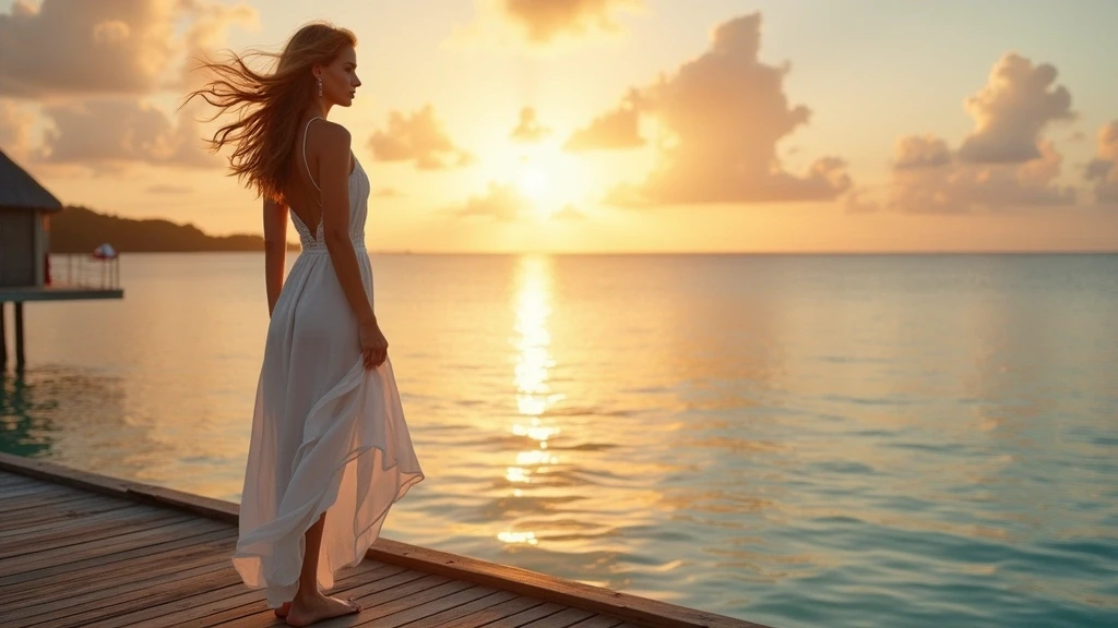 Elegante Frau in weissem Kleid auf Ueberwasser-Bungalow Terrasse in Bora Bora