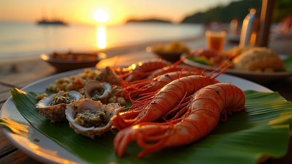 Traditionelles philippinisches Meeresfruechte-Essen auf Bananenblaettern am Strand von Boracay bei Sonnenuntergang