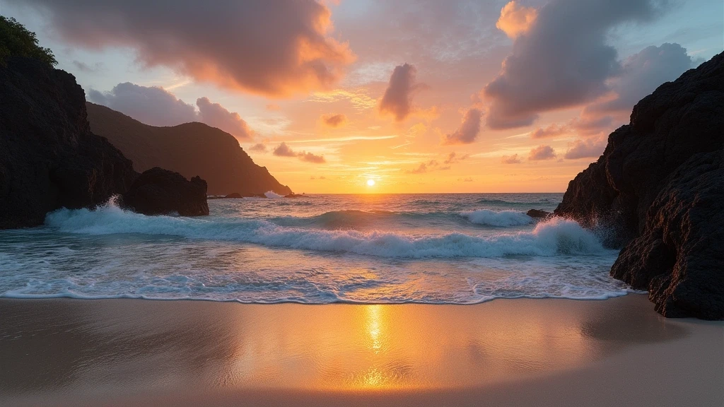 Sonnenuntergang am Puka Shell Beach in Boracay mit vulkanischen Felsformationen und Wellen