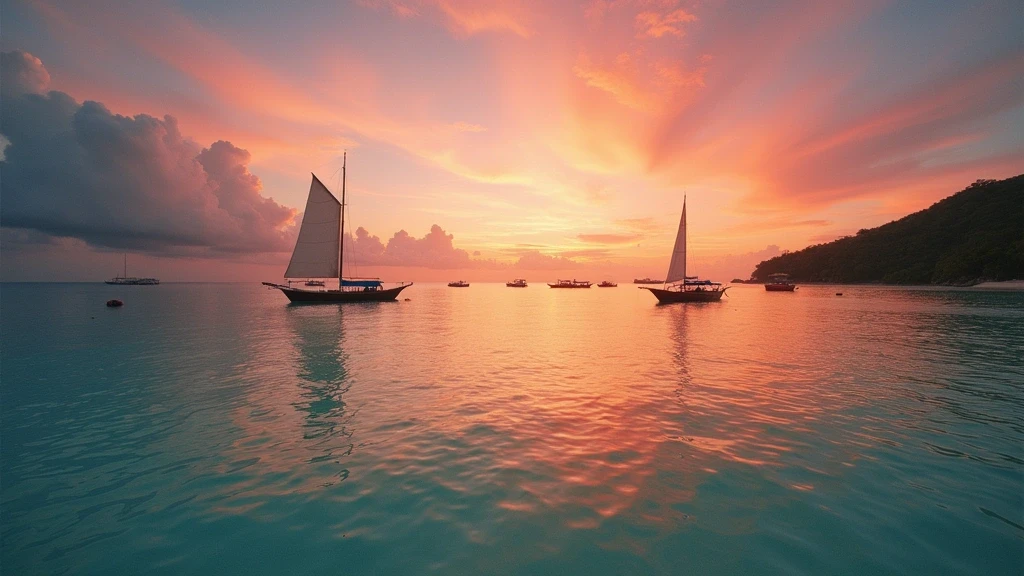 Panoramablick auf den weißen Strand von Boracay bei Sonnenuntergang mit Paraw-Segelbooten