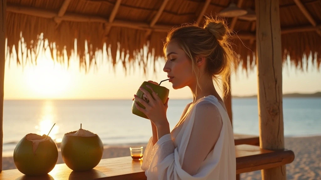 Elegante Frau in weissem Leinenkleid geniesst Kokoswasser an einer Bambusbar am Strand von Boracay