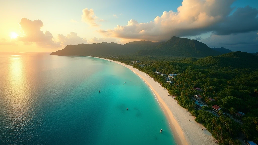 Luftaufnahme des weißen Strandes von Boracay zur goldenen Stunde mit tuerkisfarbenem Wasser und Palmen